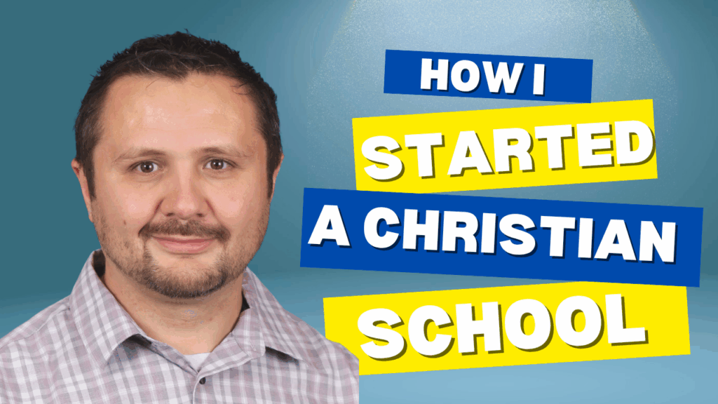 Christian school founder standing in a classroom with students, symbolizing faith-based education, prayer, and growth in starting a Christian school.