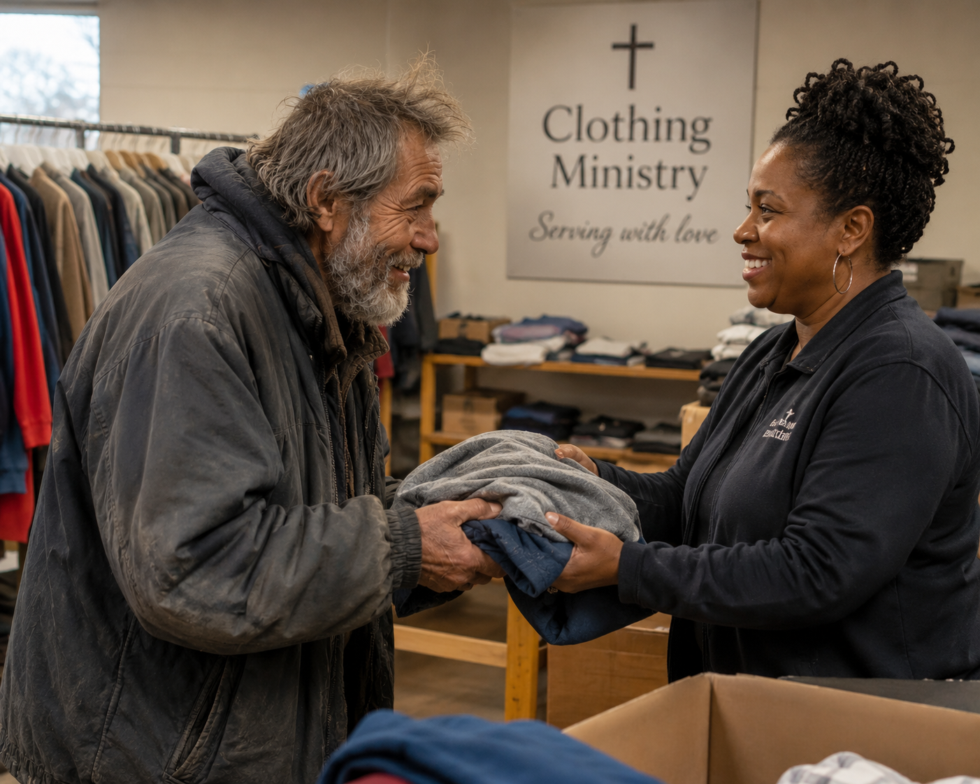 Church clothing ministry volunteer showing Christ's love by helping a man in need with donated clothing. This image reflects the biblical call to love one another found in John 13:34-35 and 1 John 4:8, demonstrating Christian compassion, service, and God's love in action.